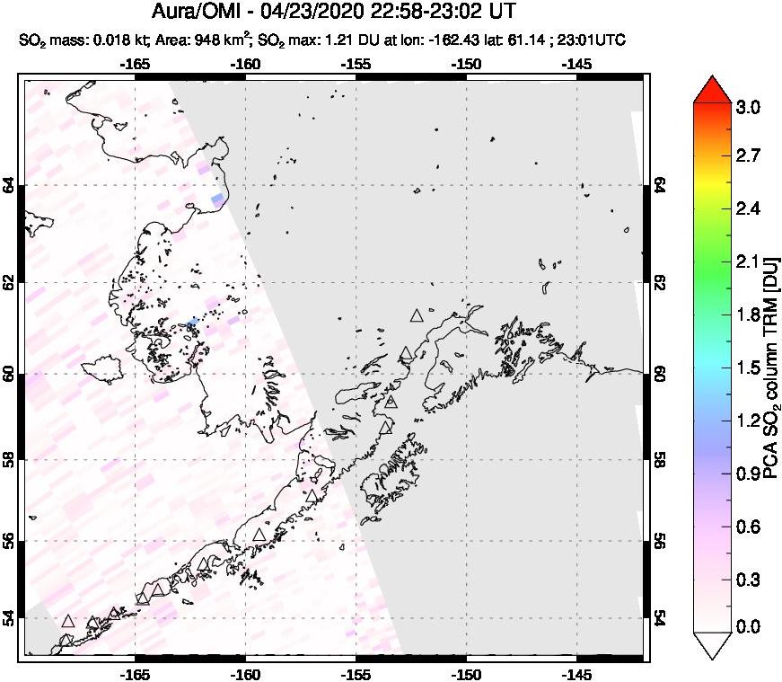 A sulfur dioxide image over Alaska, USA on Apr 23, 2020.