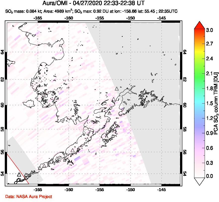A sulfur dioxide image over Alaska, USA on Apr 27, 2020.