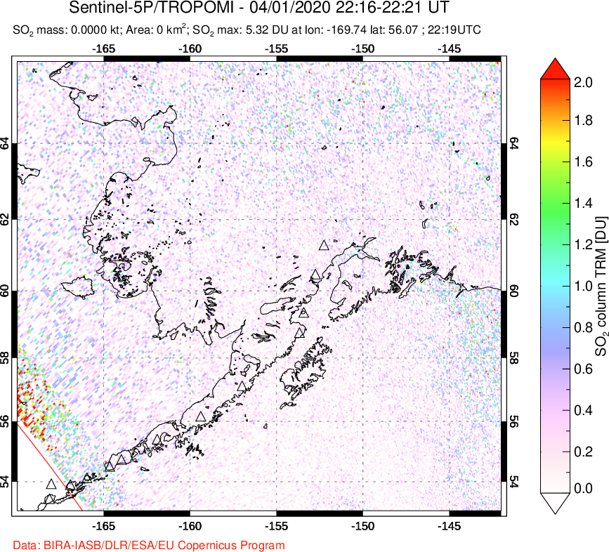 A sulfur dioxide image over Alaska, USA on Apr 01, 2020.