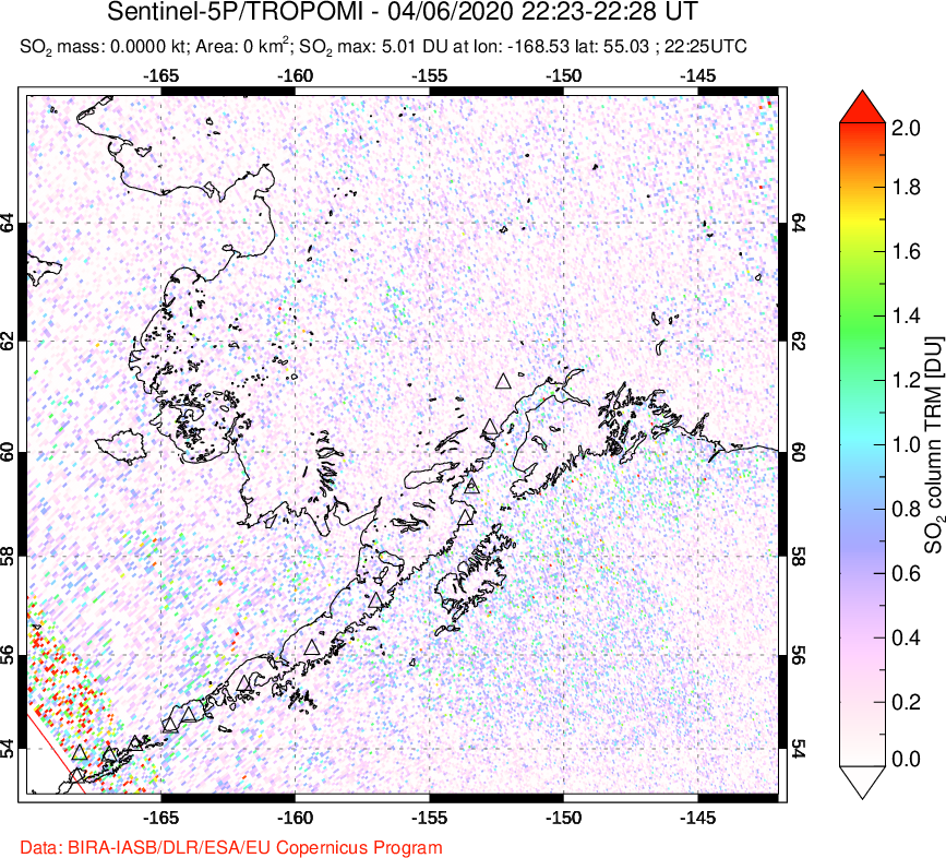 A sulfur dioxide image over Alaska, USA on Apr 06, 2020.