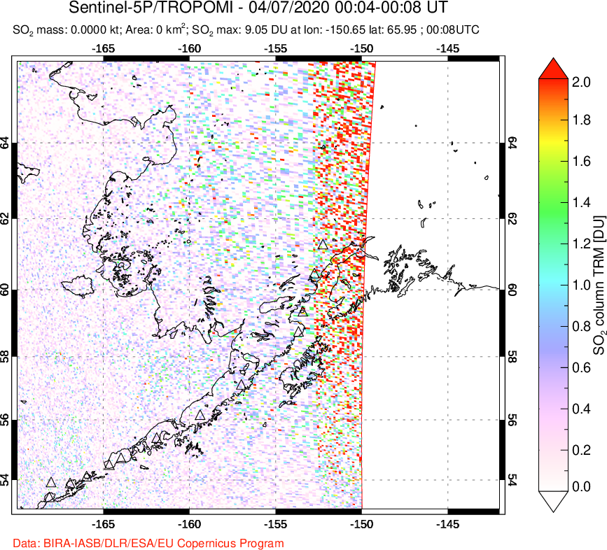 A sulfur dioxide image over Alaska, USA on Apr 07, 2020.