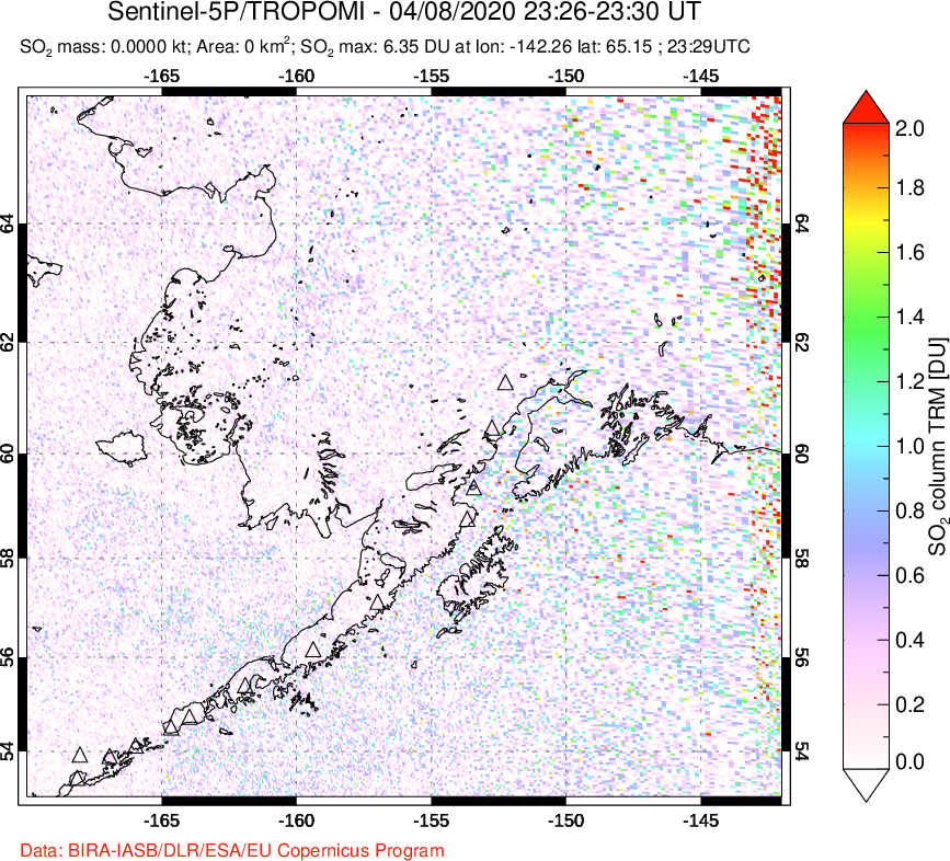 A sulfur dioxide image over Alaska, USA on Apr 08, 2020.