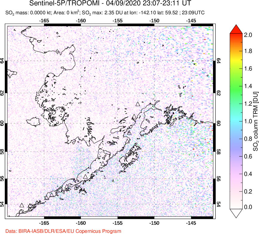 A sulfur dioxide image over Alaska, USA on Apr 09, 2020.