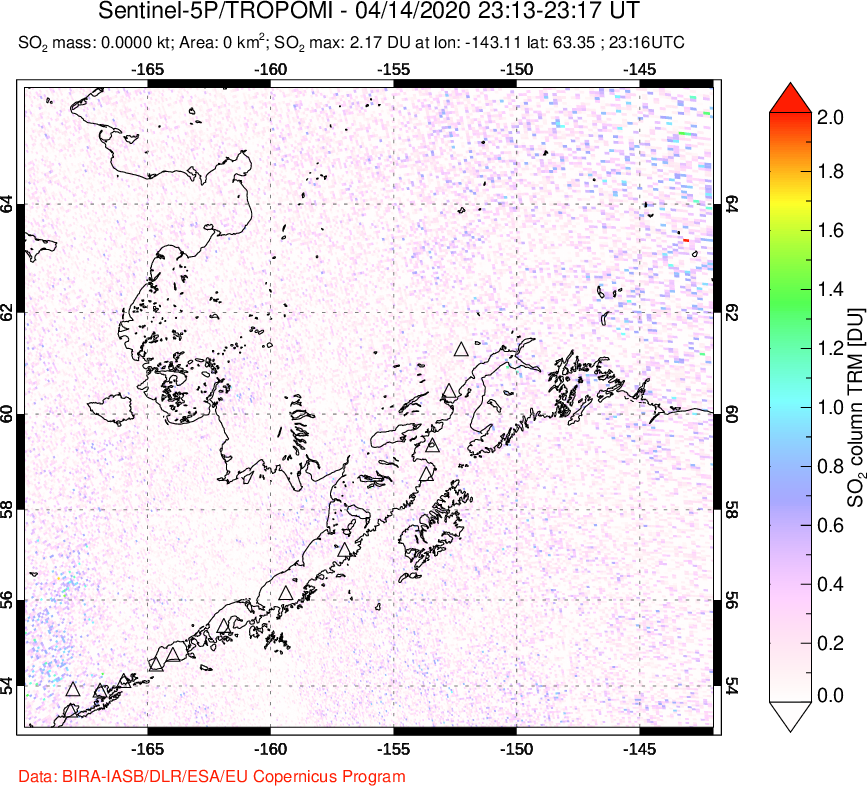 A sulfur dioxide image over Alaska, USA on Apr 14, 2020.