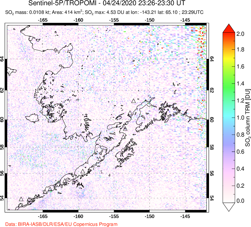 A sulfur dioxide image over Alaska, USA on Apr 24, 2020.