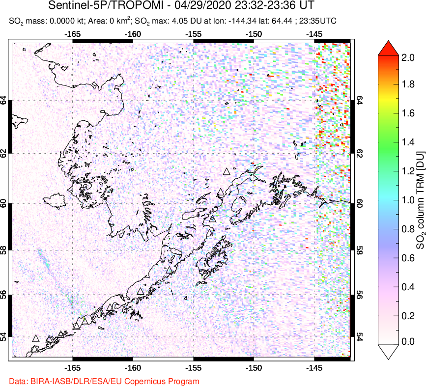 A sulfur dioxide image over Alaska, USA on Apr 29, 2020.