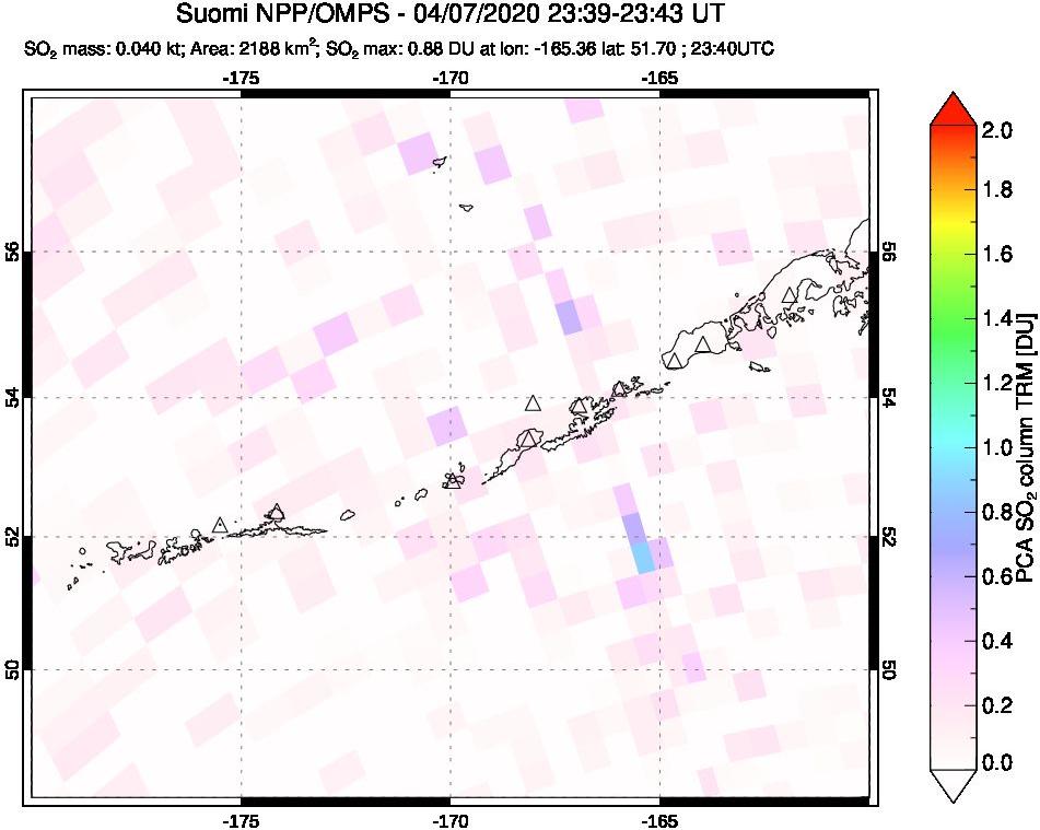 A sulfur dioxide image over Aleutian Islands, Alaska, USA on Apr 07, 2020.