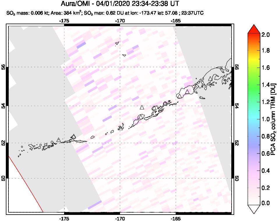 A sulfur dioxide image over Aleutian Islands, Alaska, USA on Apr 01, 2020.