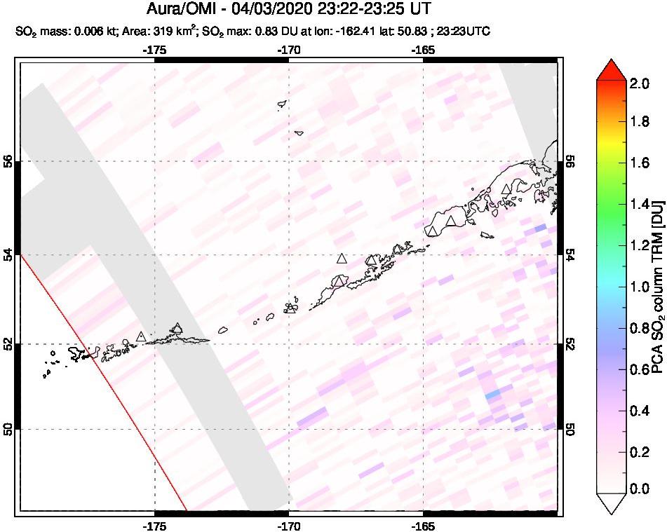 A sulfur dioxide image over Aleutian Islands, Alaska, USA on Apr 03, 2020.