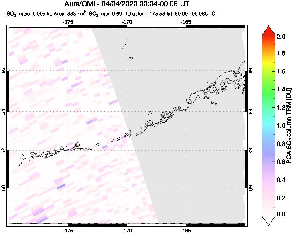 A sulfur dioxide image over Aleutian Islands, Alaska, USA on Apr 04, 2020.