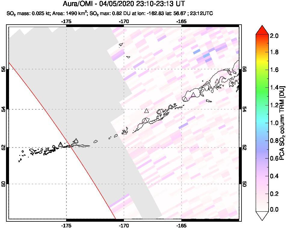 A sulfur dioxide image over Aleutian Islands, Alaska, USA on Apr 05, 2020.