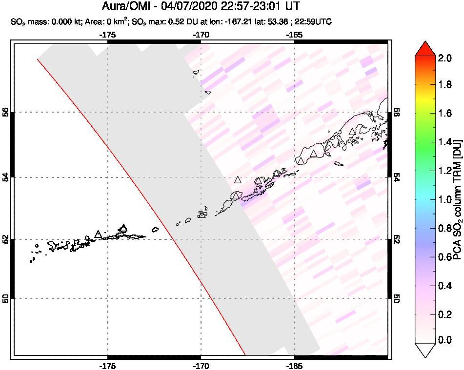 A sulfur dioxide image over Aleutian Islands, Alaska, USA on Apr 07, 2020.