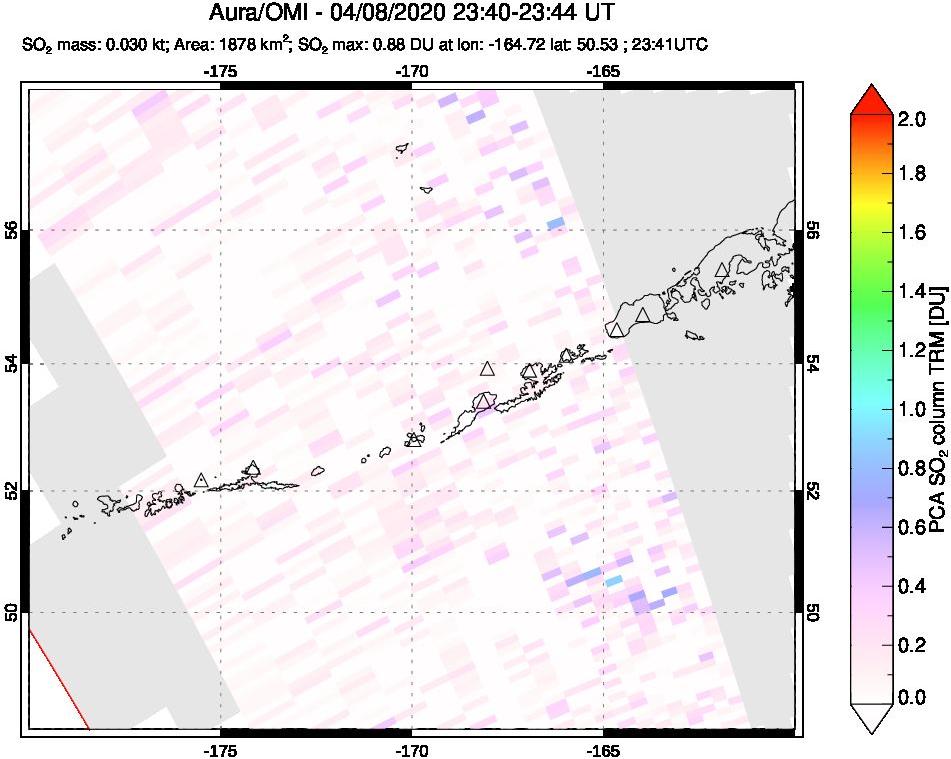 A sulfur dioxide image over Aleutian Islands, Alaska, USA on Apr 08, 2020.