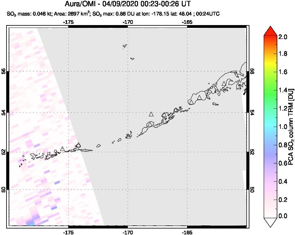 A sulfur dioxide image over Aleutian Islands, Alaska, USA on Apr 09, 2020.