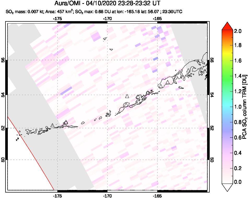 A sulfur dioxide image over Aleutian Islands, Alaska, USA on Apr 10, 2020.