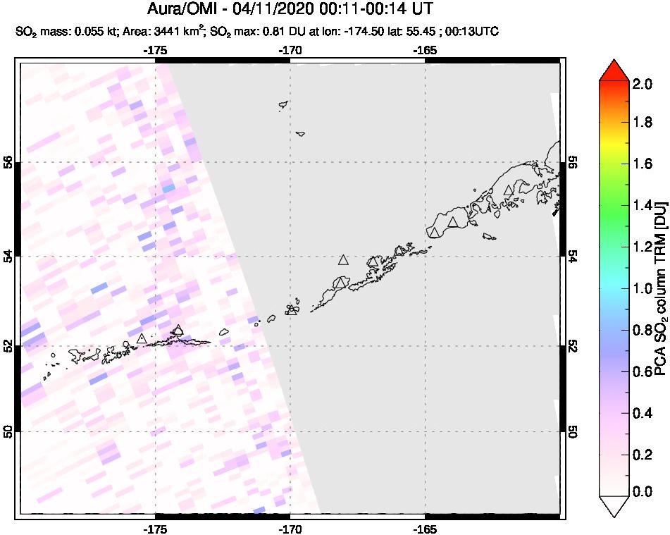 A sulfur dioxide image over Aleutian Islands, Alaska, USA on Apr 11, 2020.