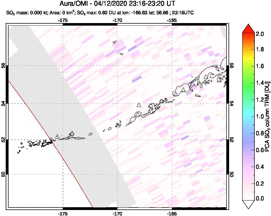 A sulfur dioxide image over Aleutian Islands, Alaska, USA on Apr 12, 2020.