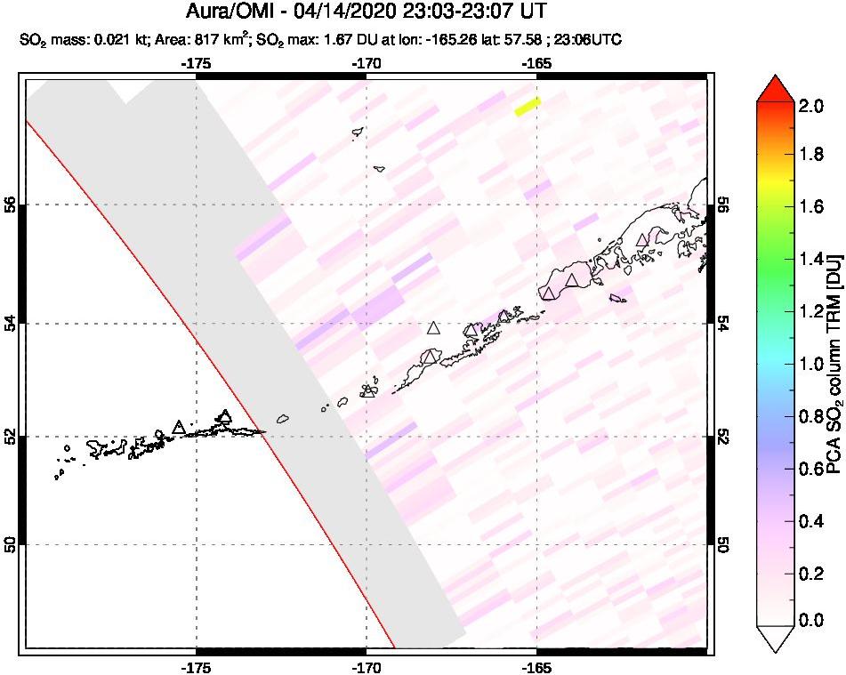 A sulfur dioxide image over Aleutian Islands, Alaska, USA on Apr 14, 2020.