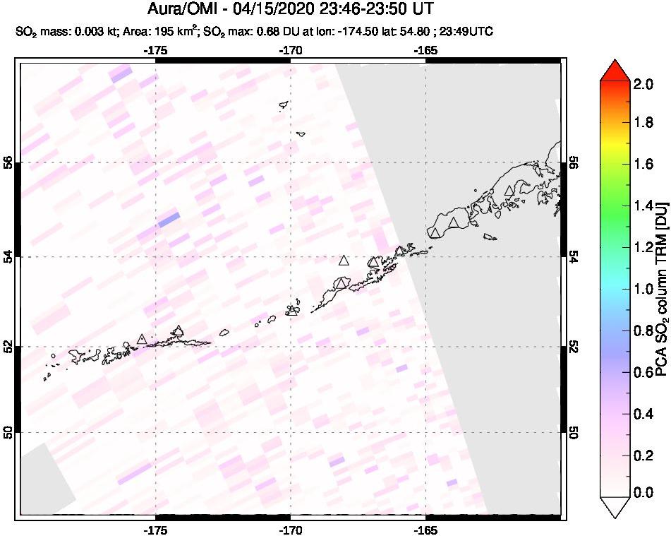 A sulfur dioxide image over Aleutian Islands, Alaska, USA on Apr 15, 2020.