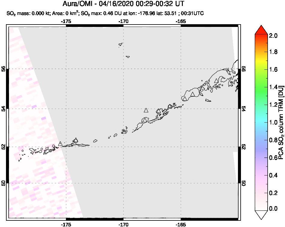 A sulfur dioxide image over Aleutian Islands, Alaska, USA on Apr 16, 2020.