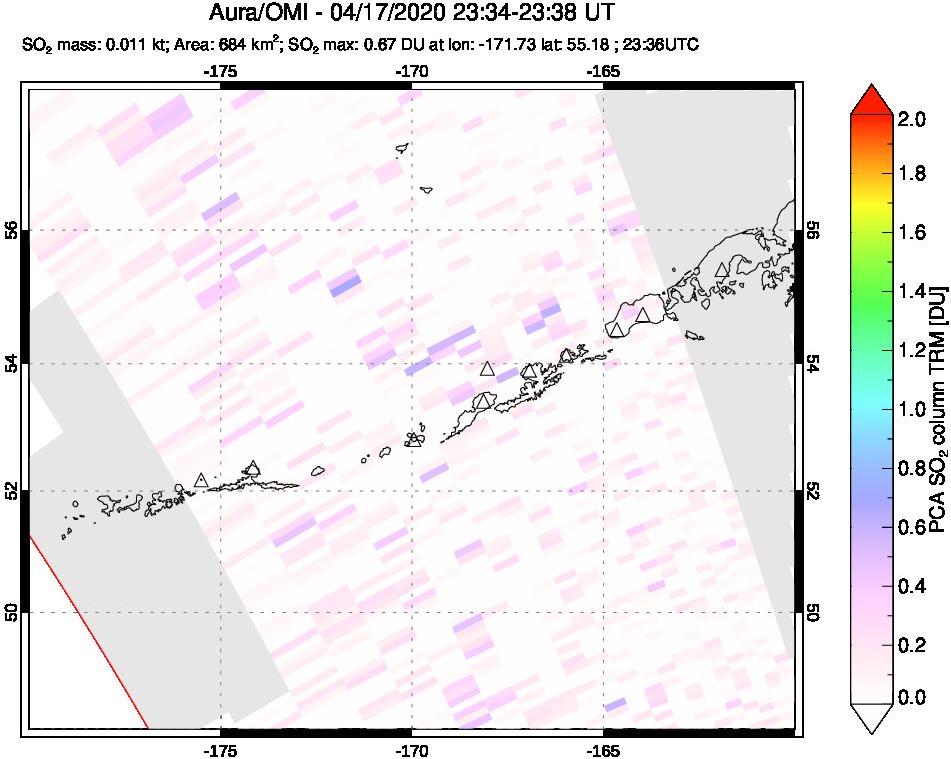 A sulfur dioxide image over Aleutian Islands, Alaska, USA on Apr 17, 2020.
