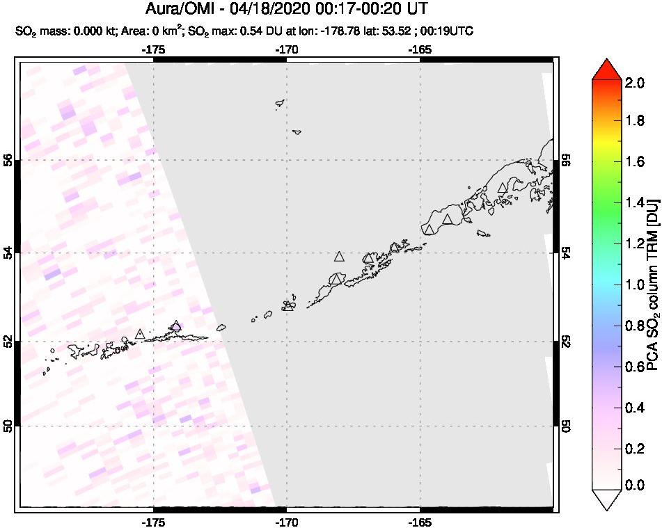 A sulfur dioxide image over Aleutian Islands, Alaska, USA on Apr 18, 2020.