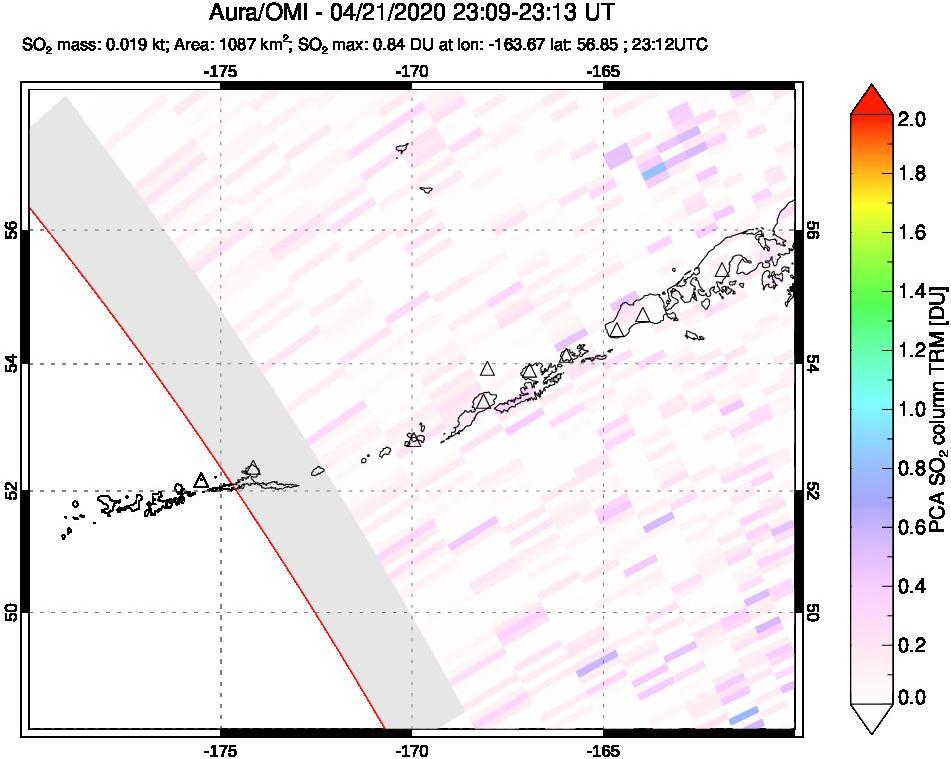 A sulfur dioxide image over Aleutian Islands, Alaska, USA on Apr 21, 2020.