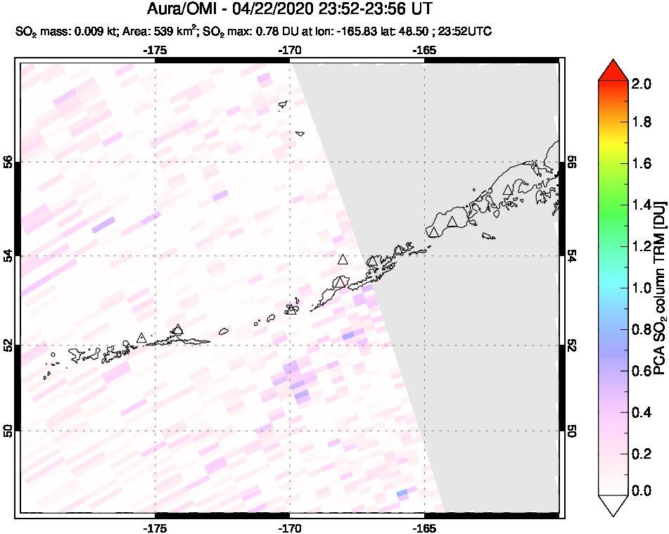 A sulfur dioxide image over Aleutian Islands, Alaska, USA on Apr 22, 2020.