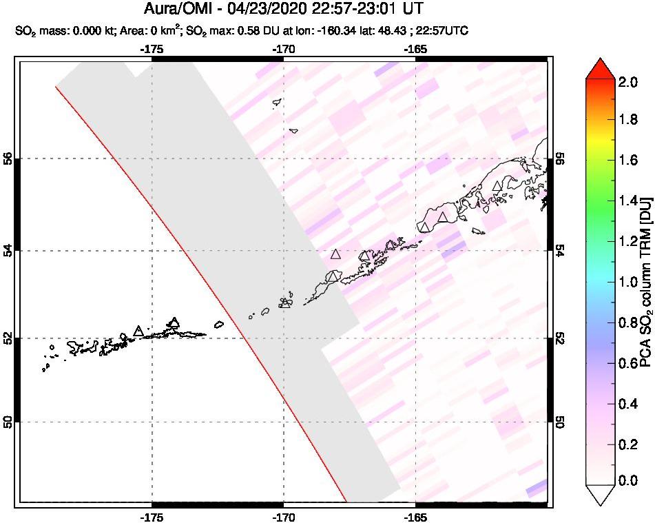 A sulfur dioxide image over Aleutian Islands, Alaska, USA on Apr 23, 2020.
