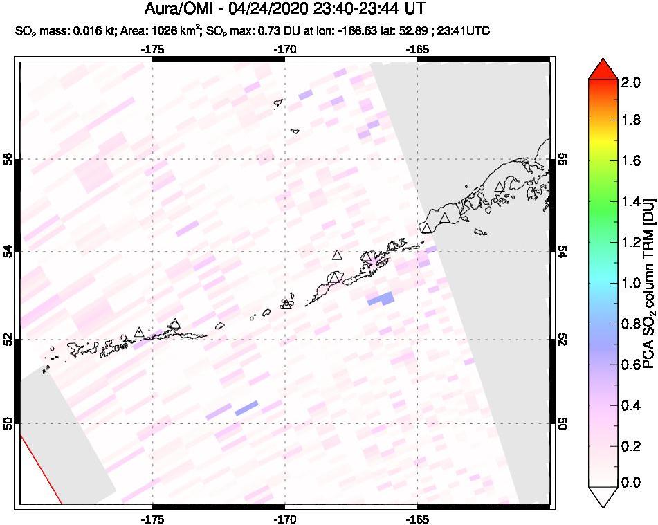 A sulfur dioxide image over Aleutian Islands, Alaska, USA on Apr 24, 2020.