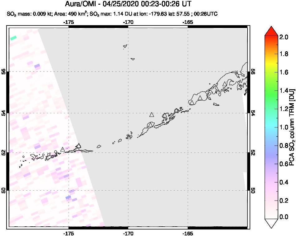 A sulfur dioxide image over Aleutian Islands, Alaska, USA on Apr 25, 2020.