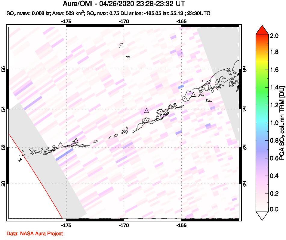 A sulfur dioxide image over Aleutian Islands, Alaska, USA on Apr 26, 2020.