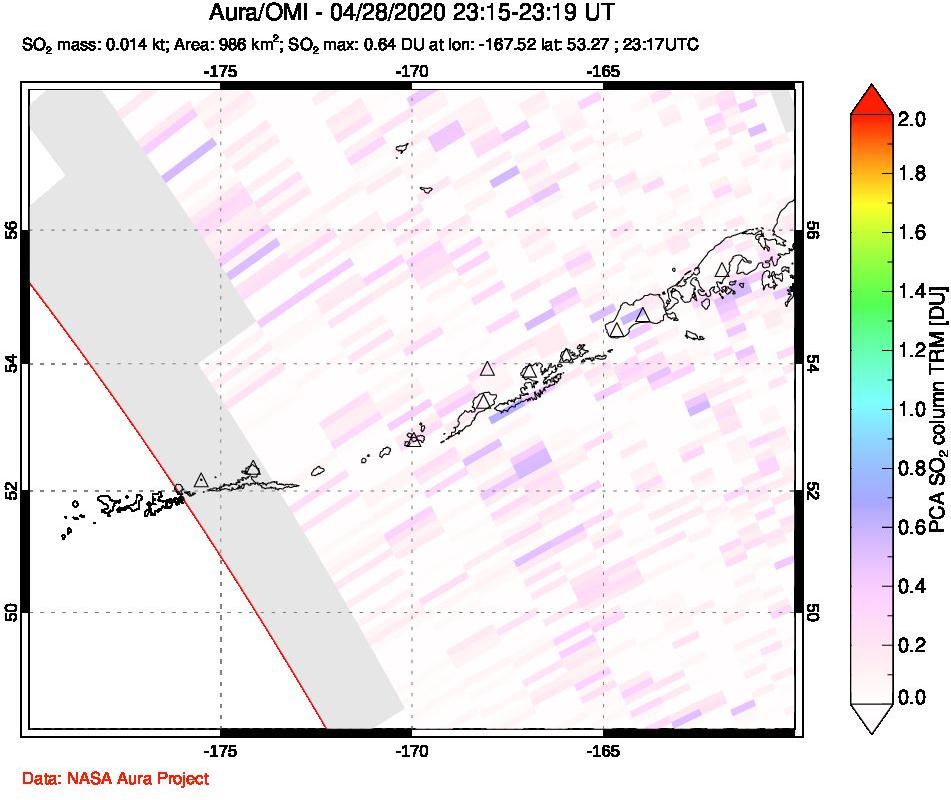 A sulfur dioxide image over Aleutian Islands, Alaska, USA on Apr 28, 2020.