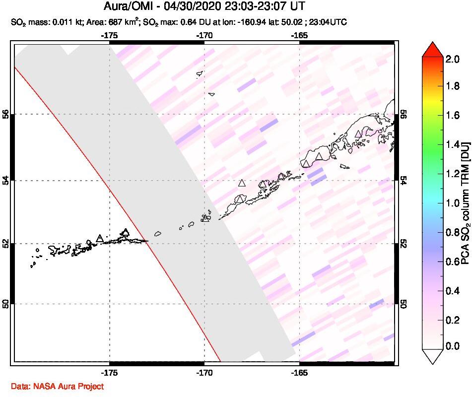 A sulfur dioxide image over Aleutian Islands, Alaska, USA on Apr 30, 2020.
