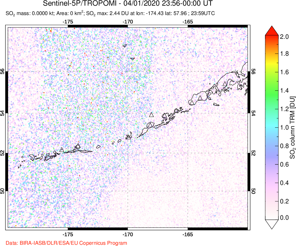 A sulfur dioxide image over Aleutian Islands, Alaska, USA on Apr 01, 2020.