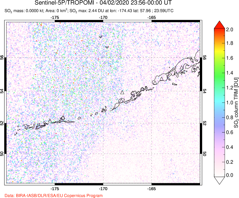 A sulfur dioxide image over Aleutian Islands, Alaska, USA on Apr 02, 2020.