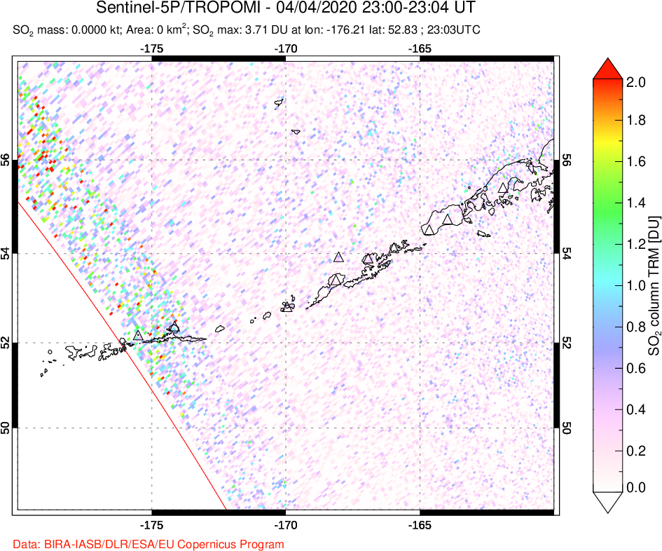 A sulfur dioxide image over Aleutian Islands, Alaska, USA on Apr 04, 2020.