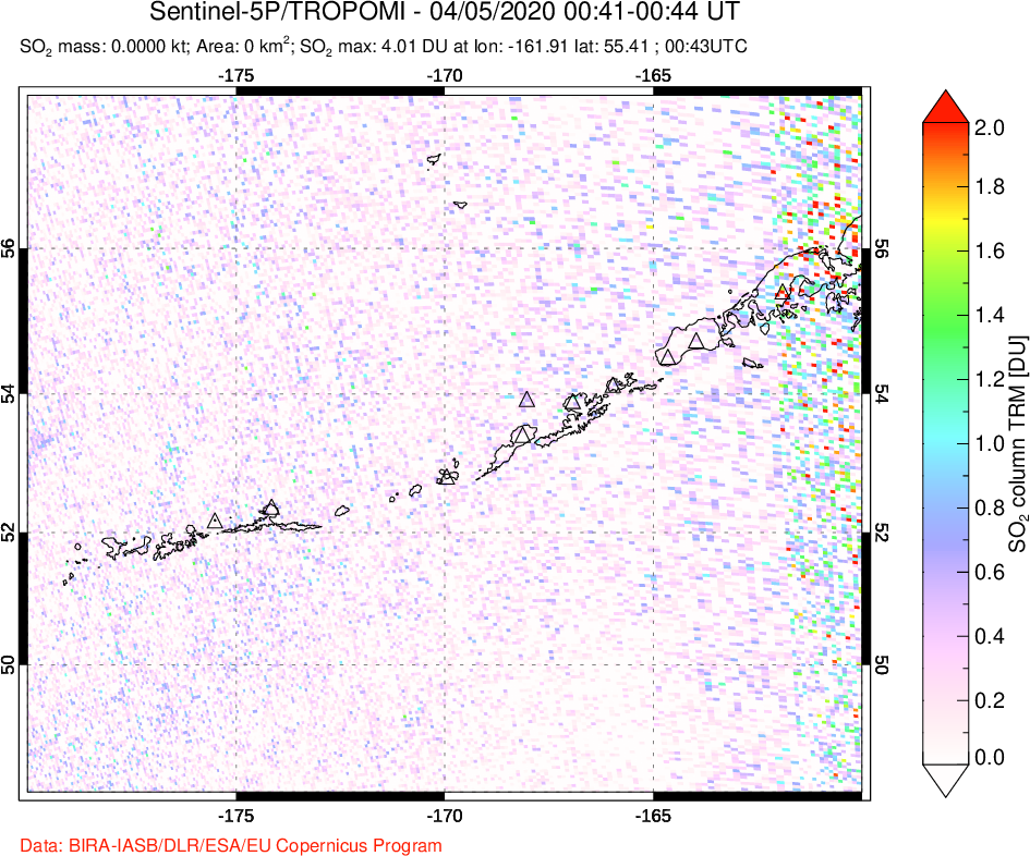 A sulfur dioxide image over Aleutian Islands, Alaska, USA on Apr 05, 2020.