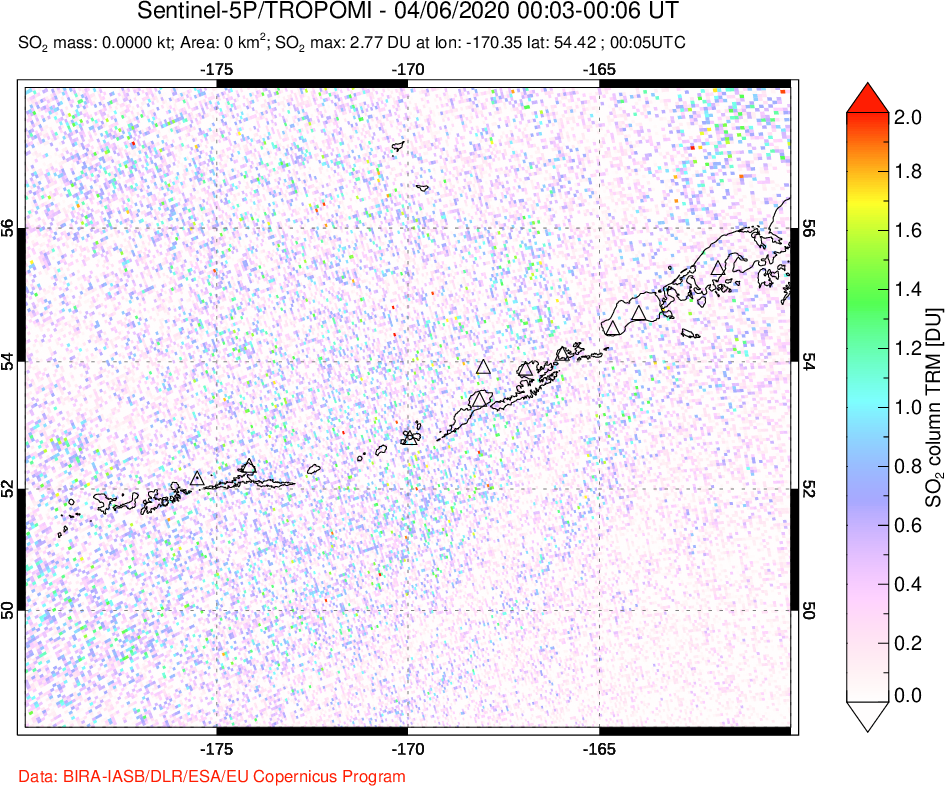A sulfur dioxide image over Aleutian Islands, Alaska, USA on Apr 06, 2020.