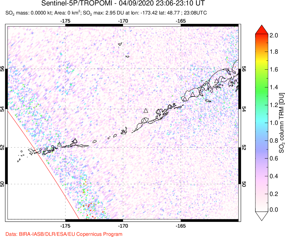 A sulfur dioxide image over Aleutian Islands, Alaska, USA on Apr 09, 2020.