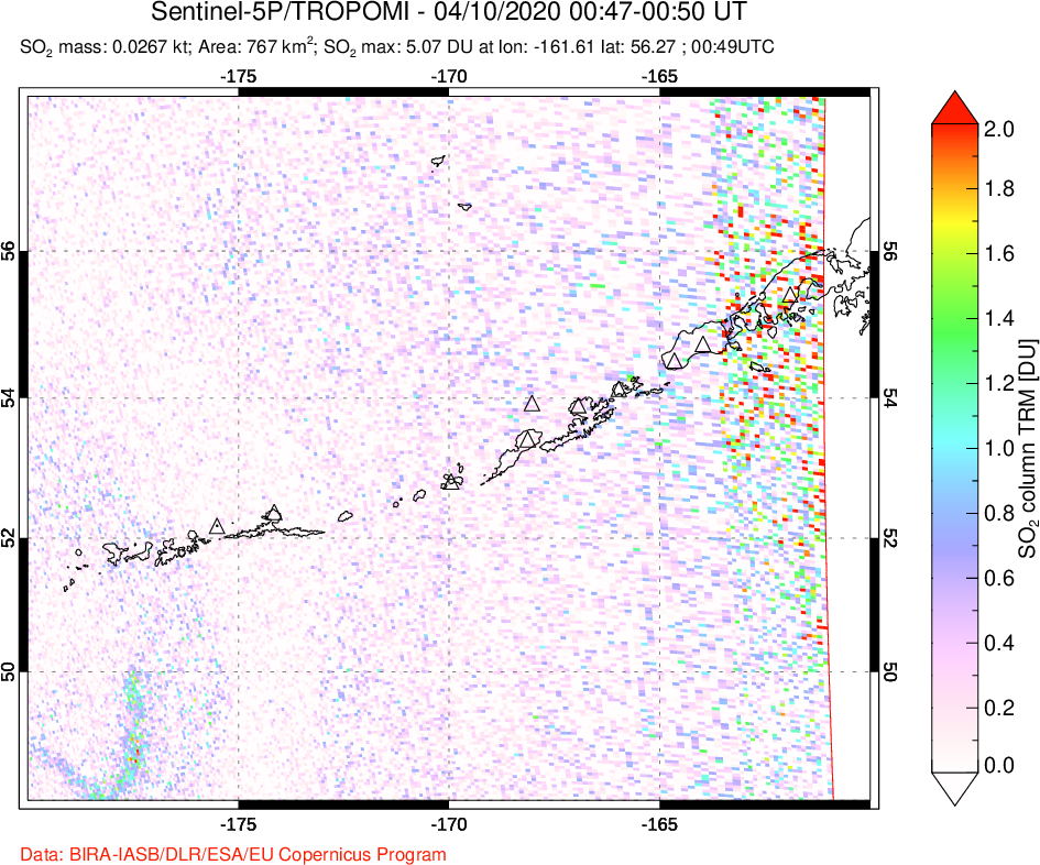A sulfur dioxide image over Aleutian Islands, Alaska, USA on Apr 10, 2020.
