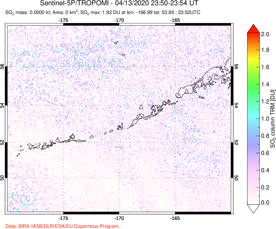 A sulfur dioxide image over Aleutian Islands, Alaska, USA on Apr 13, 2020.