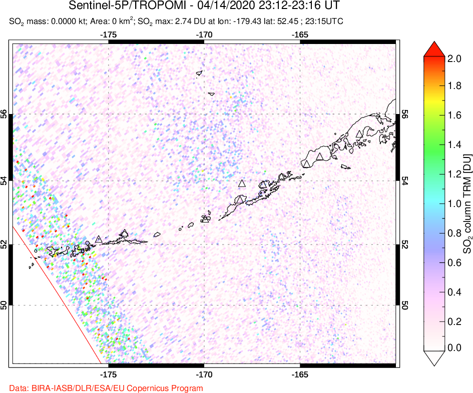A sulfur dioxide image over Aleutian Islands, Alaska, USA on Apr 14, 2020.
