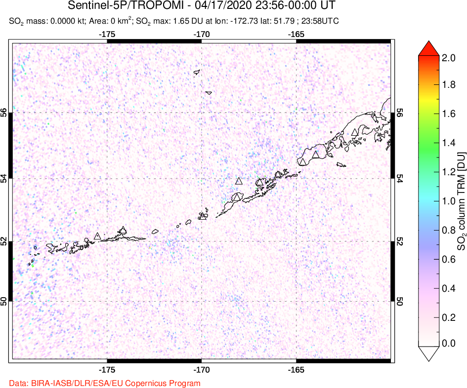 A sulfur dioxide image over Aleutian Islands, Alaska, USA on Apr 17, 2020.