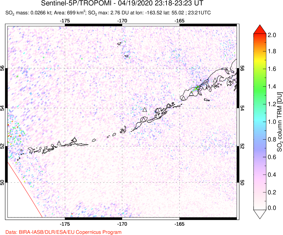 A sulfur dioxide image over Aleutian Islands, Alaska, USA on Apr 19, 2020.
