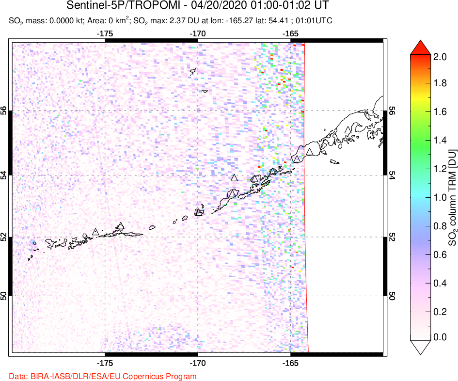 A sulfur dioxide image over Aleutian Islands, Alaska, USA on Apr 20, 2020.