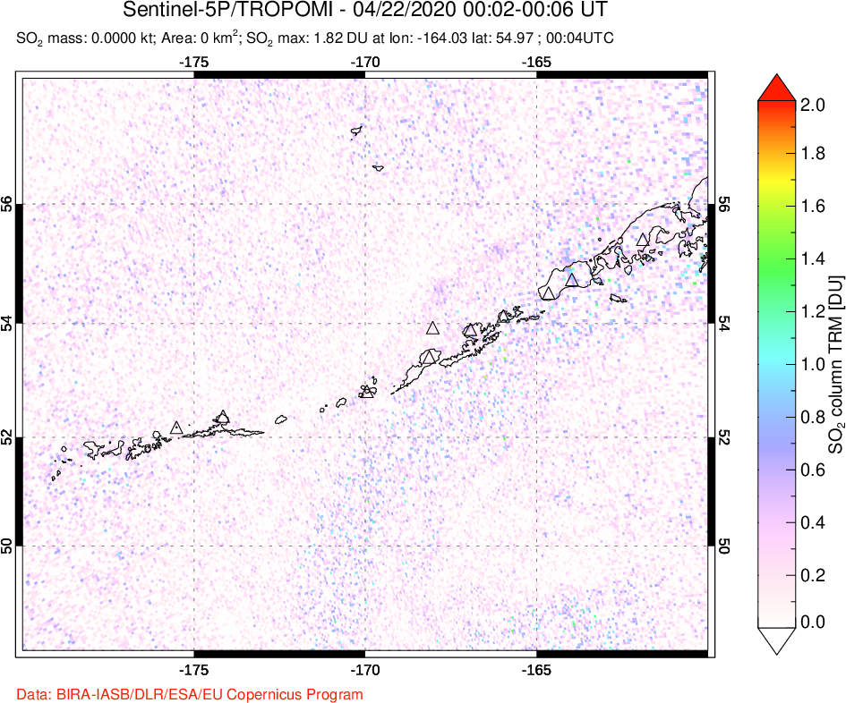 A sulfur dioxide image over Aleutian Islands, Alaska, USA on Apr 22, 2020.