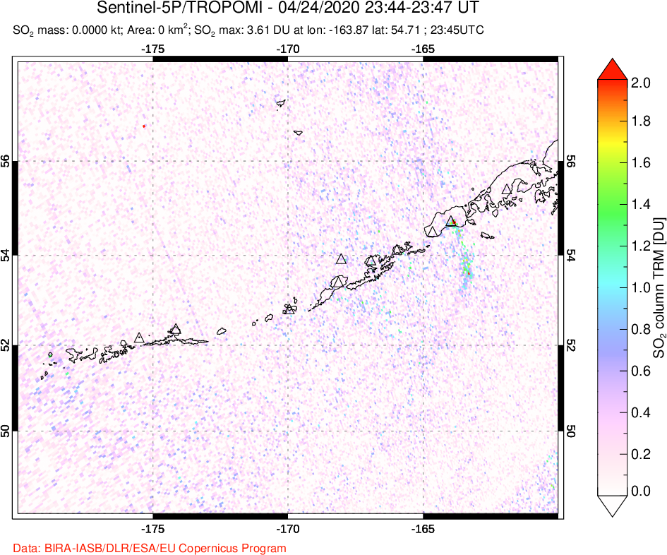 A sulfur dioxide image over Aleutian Islands, Alaska, USA on Apr 24, 2020.