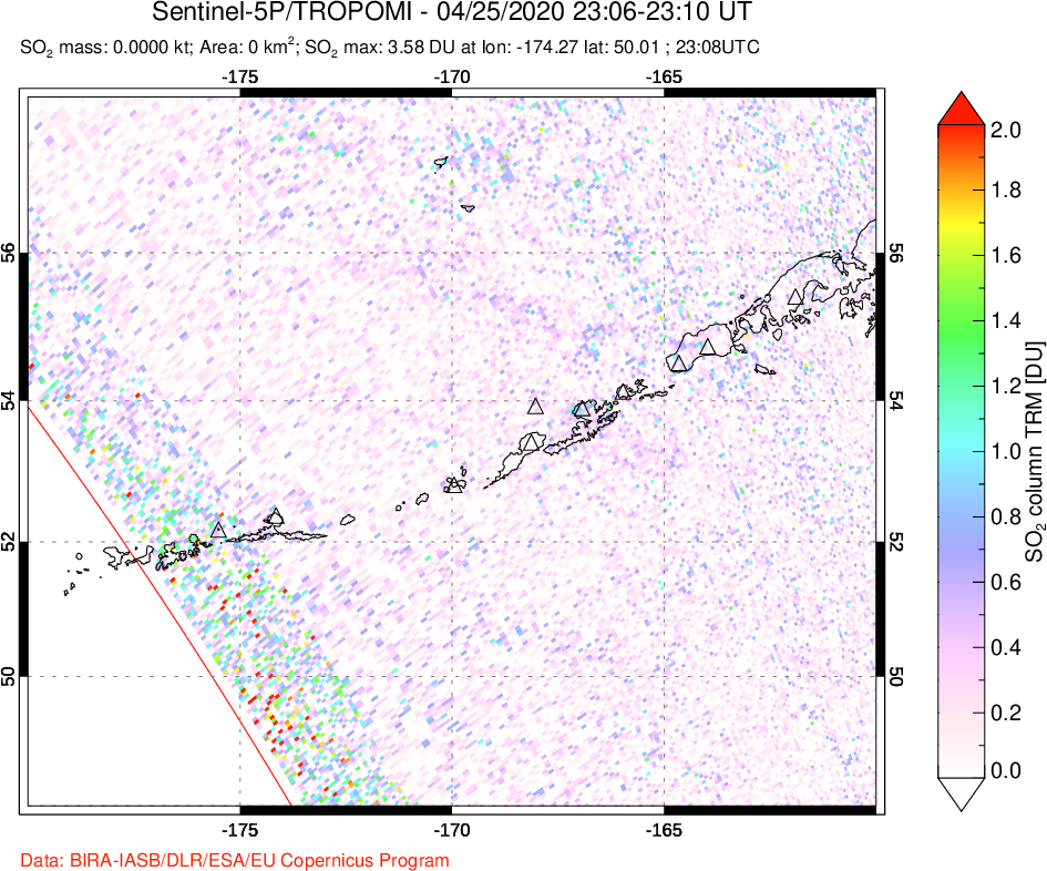 A sulfur dioxide image over Aleutian Islands, Alaska, USA on Apr 25, 2020.