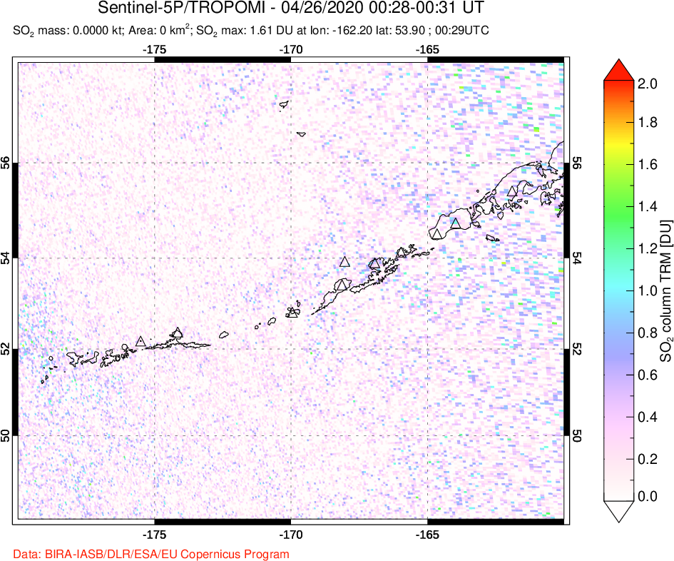 A sulfur dioxide image over Aleutian Islands, Alaska, USA on Apr 26, 2020.